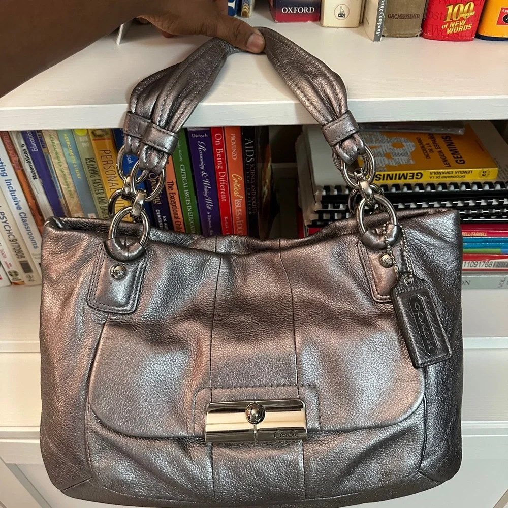 COACH Metallic Silver Leather Tote Bag with Chain Detail